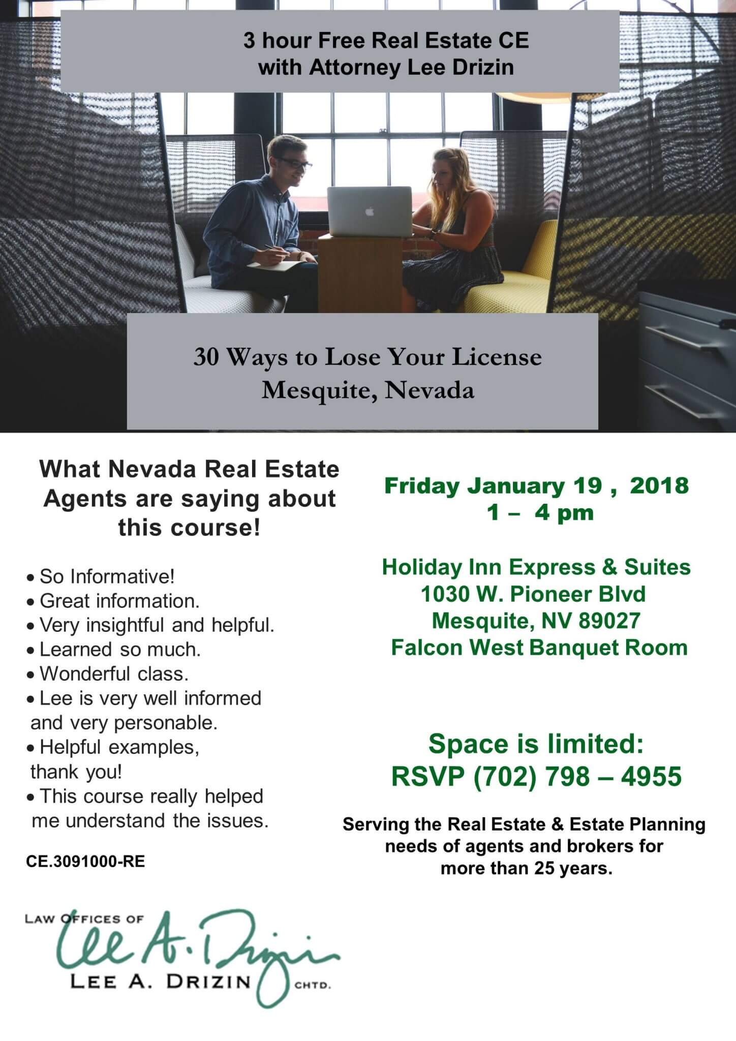 30 Ways to Lose Your License – Mesquite, NV – Free 3 hour CE taught by Attorney Lee A. Drizin