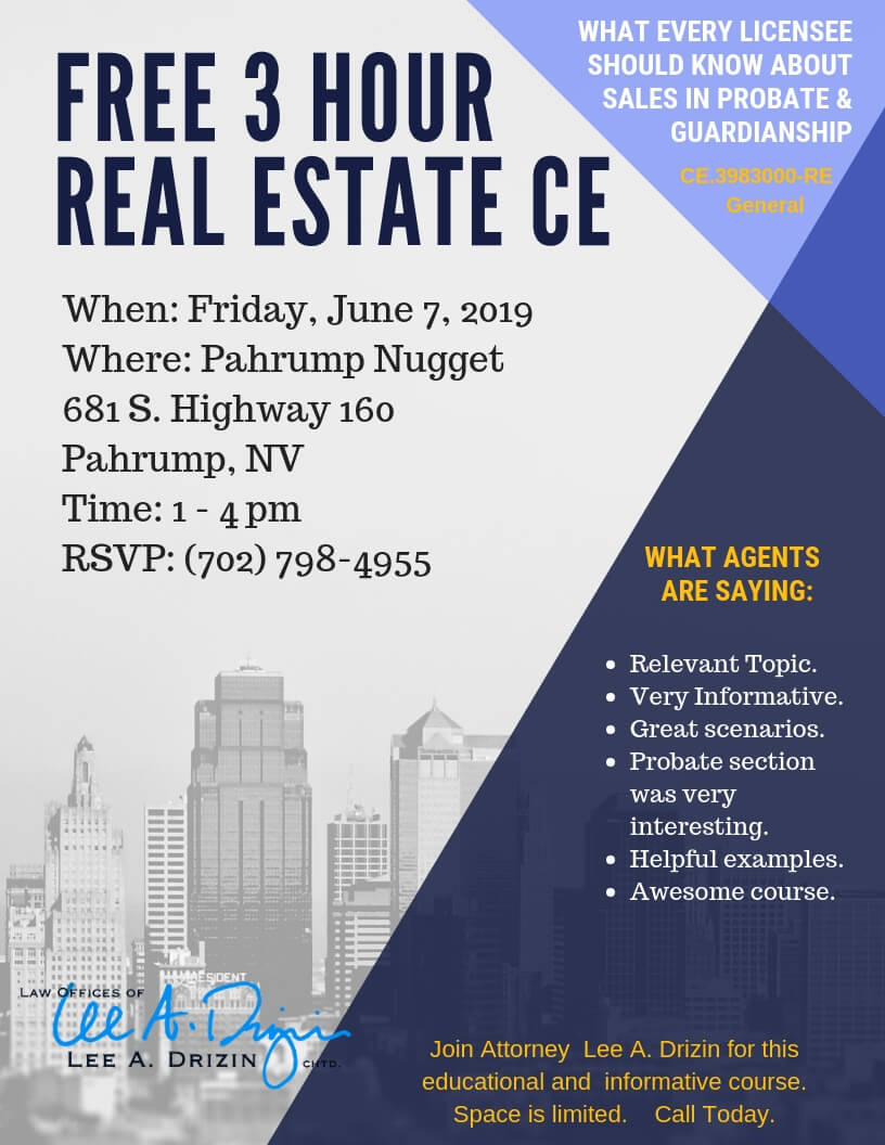 Free 3 Hour Real Estate CE in Pahrump - Friday, June 7, 2019