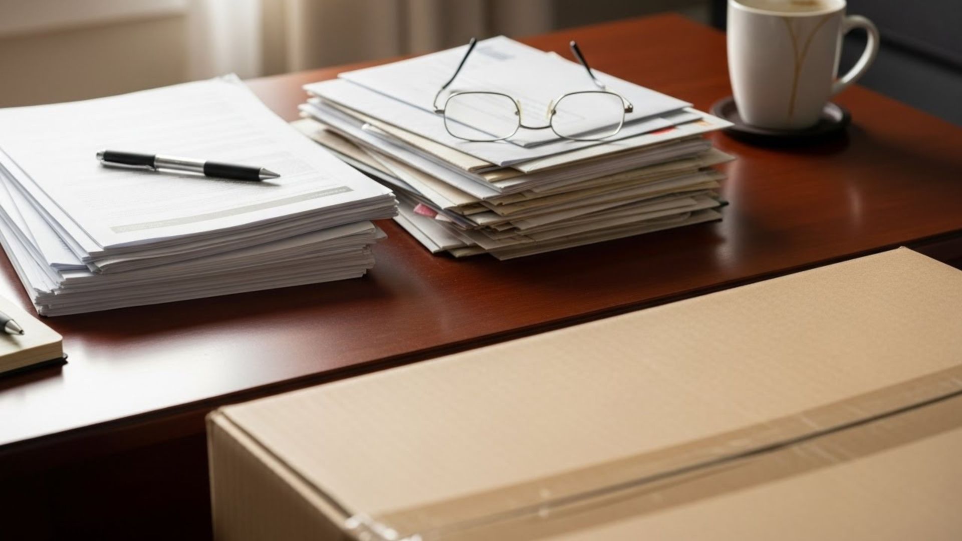 A close-up of a desk with neatly stacked legal documents, a pen, eyeglasses, a coffee cup, and a cardboard box in the foreground—suggesting paperwork and transitions related to legal matters such as divorce in Nevada or estate planning.