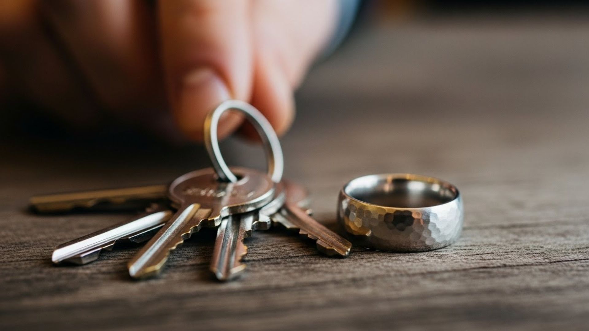 A close-up image of a hand reaching for a set of keys next to a silver wedding ring on a wooden surface, symbolizing a significant life change such as moving out or separating after a divorce in Nevada.