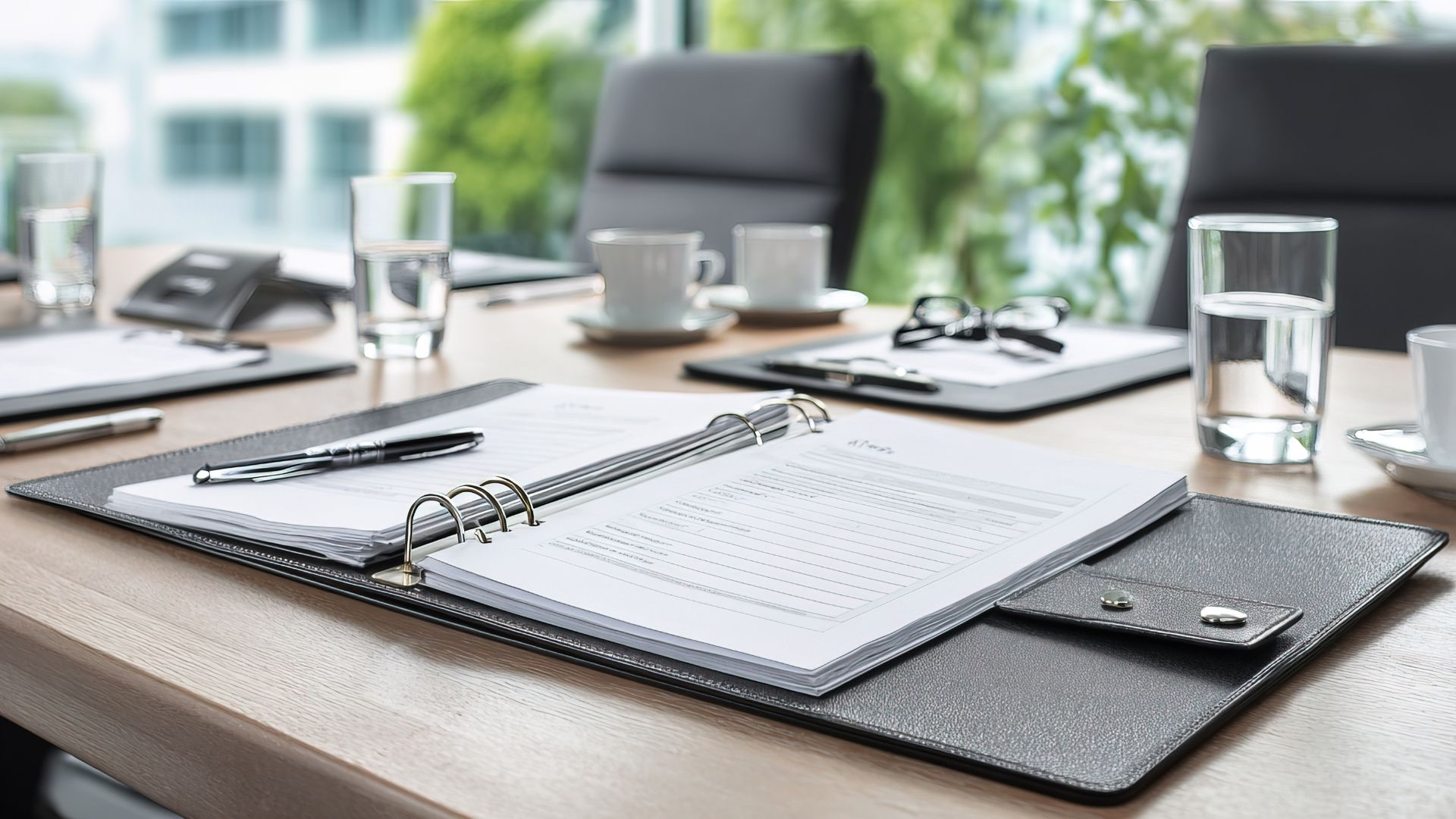 A close-up of a conference table set for a meeting, featuring an open binder with documents, a pen, glasses, water glasses, coffee cups, and digital tablets, possibly for discussing legal or financial matters such as managing an insolvent estate.