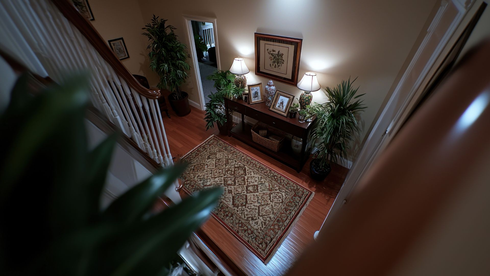 A warmly lit entryway of a home viewed from the staircase, featuring a decorative rug, potted plants, family photos, and table lamps—evoking a sense of memory and familiarity often cherished by those affected by Alzheimer’s Disease.