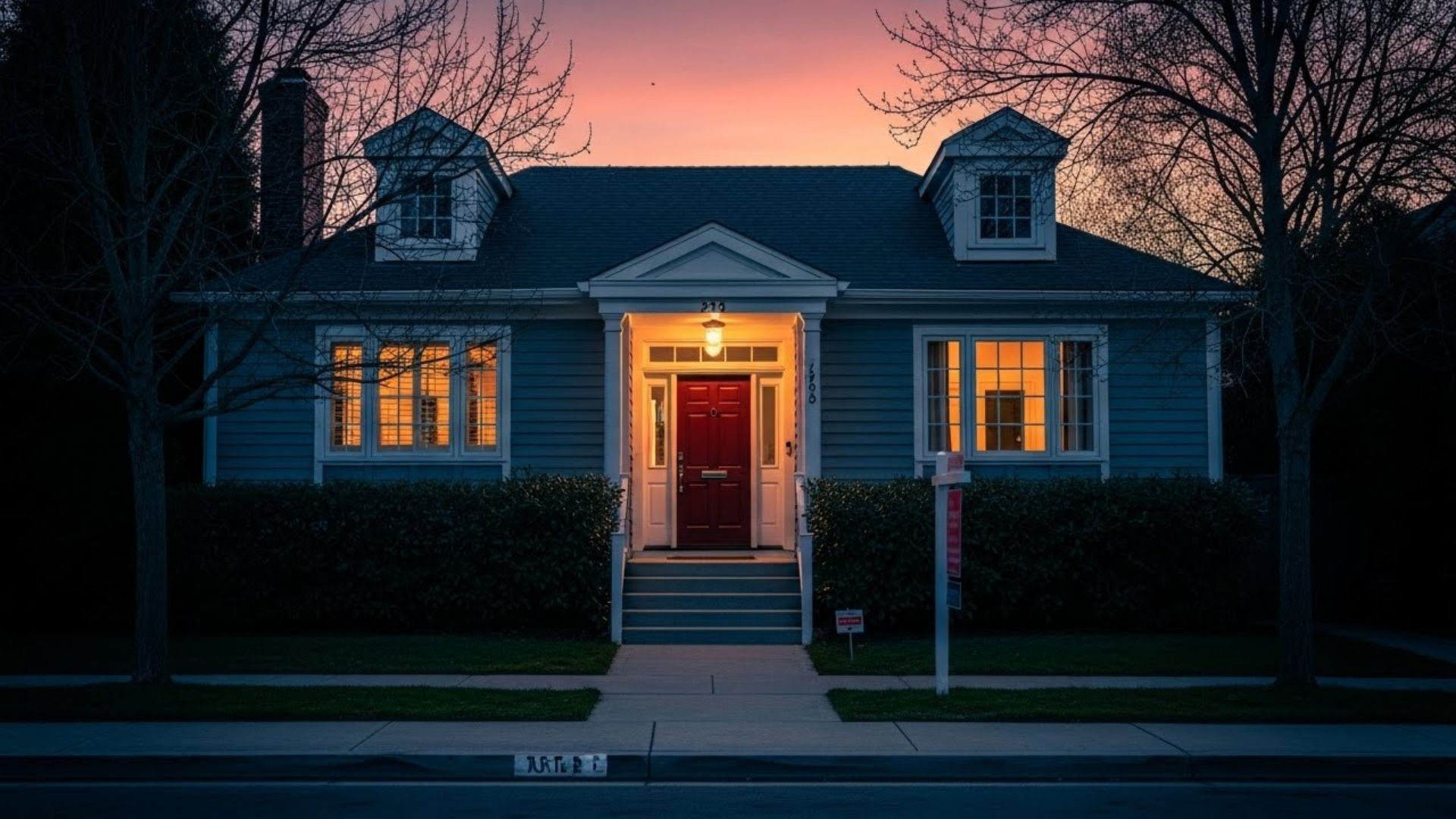 A well-lit, single-story blue house with a red front door is shown at dusk, with warm light glowing from the windows; a "For Sale" sign in the yard suggests the property may be part of an estate settlement, possibly involving an insolvent estate.