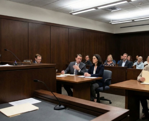 A judge presides over a courtroom with lawyers, a defendant holding a folder, and several people seated as observers.