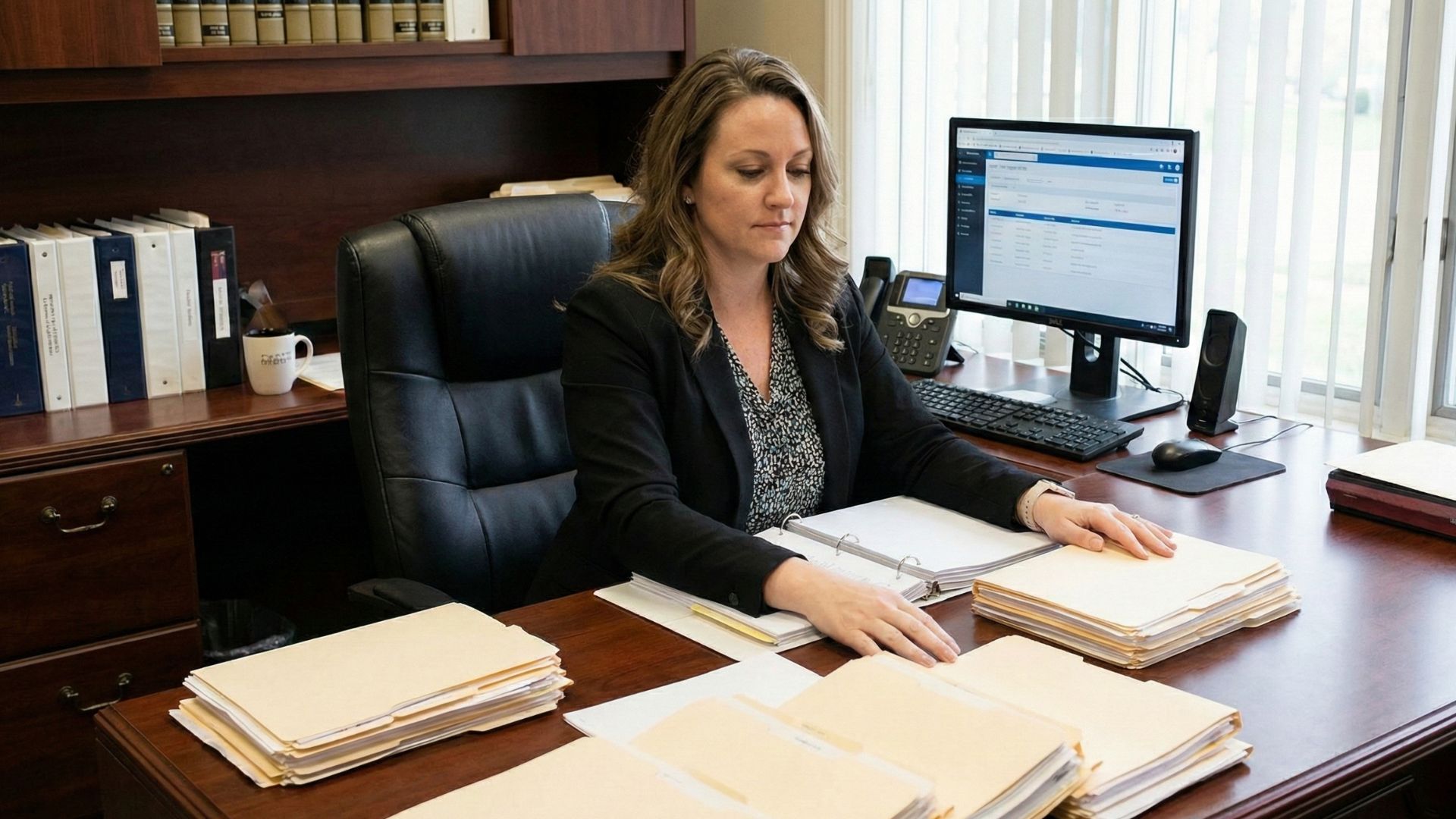 A woman in business attire sits at a wooden desk, focused on sorting through stacks of files. A computer, phone, and books are organized nearby, conveying a professional office setting.