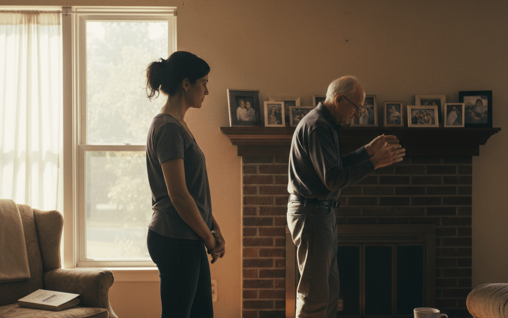 Adult child assisting elderly parent at home while learning how to get guardianship of a parent