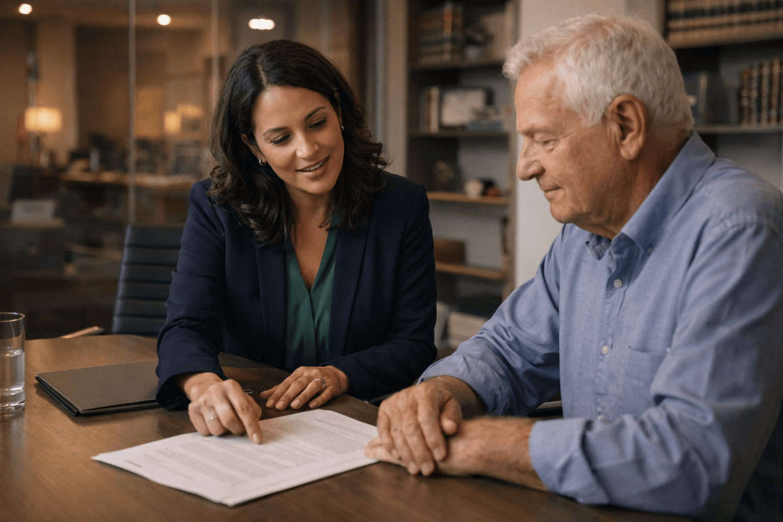 Attorney explaining transfer of deed upon death and deed upon death Nevada options to senior client in office