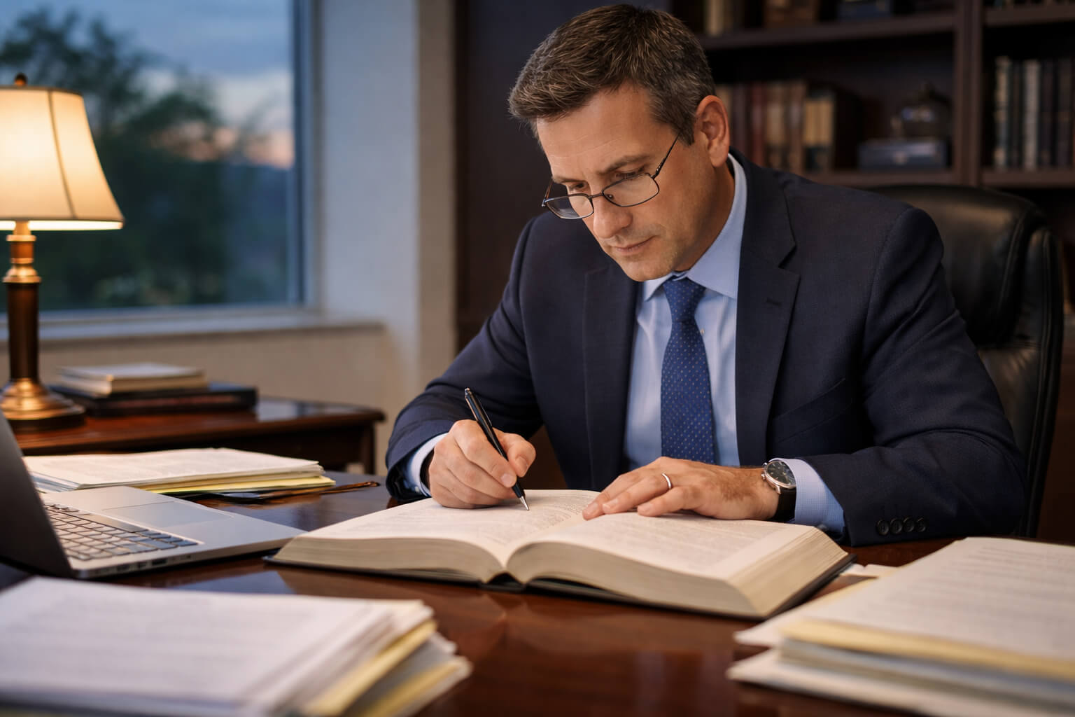 Probate attorney reviewing and signing legal documents at desk.